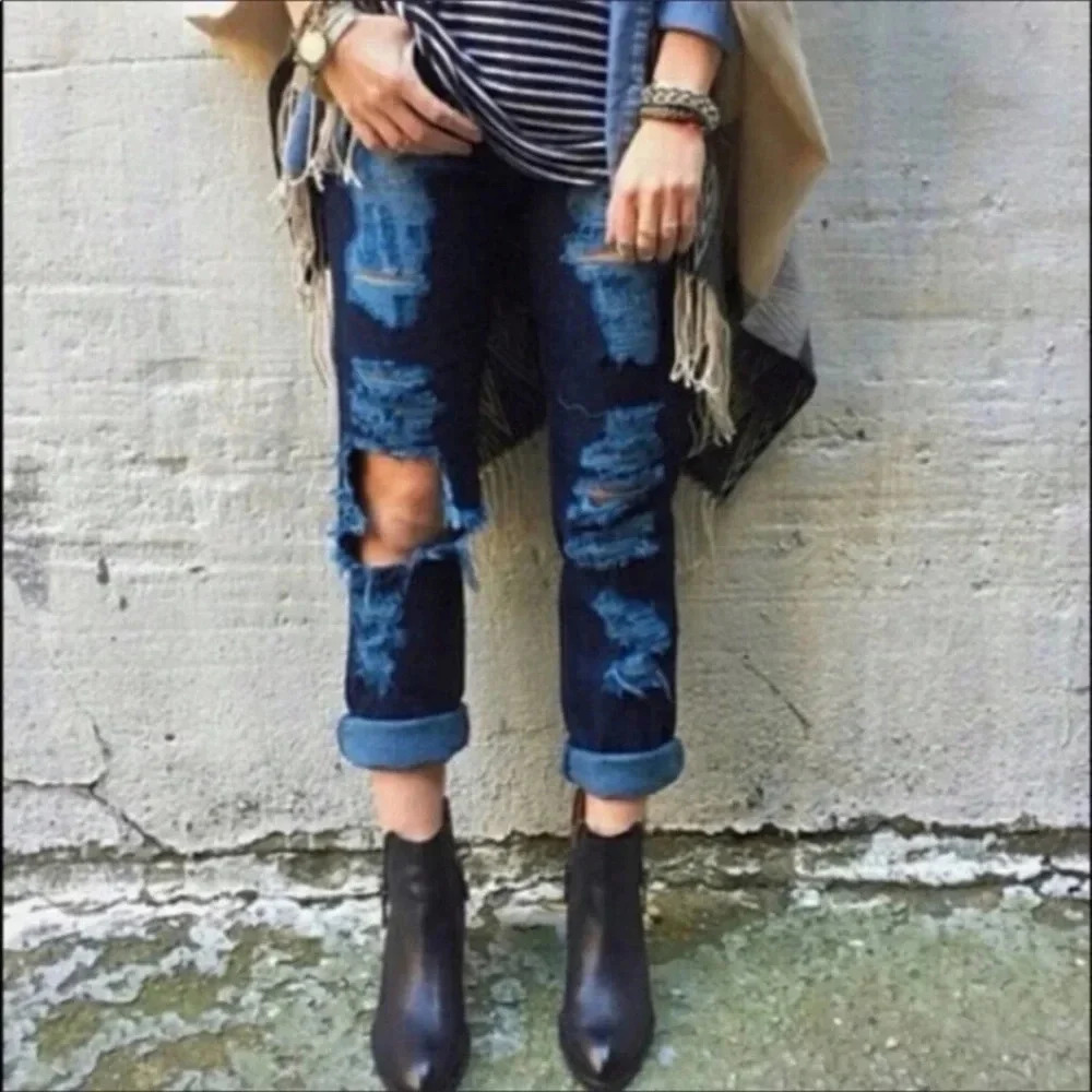 Carmar New Women’s 23 No‎ Stretch Mid-Rise Distressed Dark Wash Jean